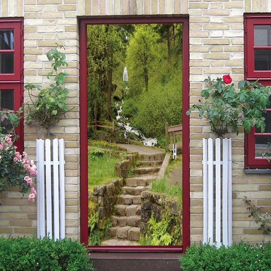 Autocollants De Porte Auto-Adhésifs 3D Escaliers De Plantes Vertes 90 X