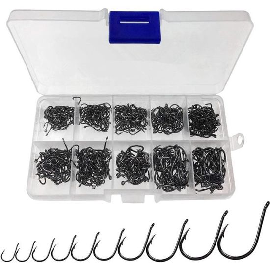 Lot de 500 hameçons de pêche en acier à haute teneur en carbone noir pour eau salée et eau douce avec 10 tailles différentes pour la pêche en plein air (doré