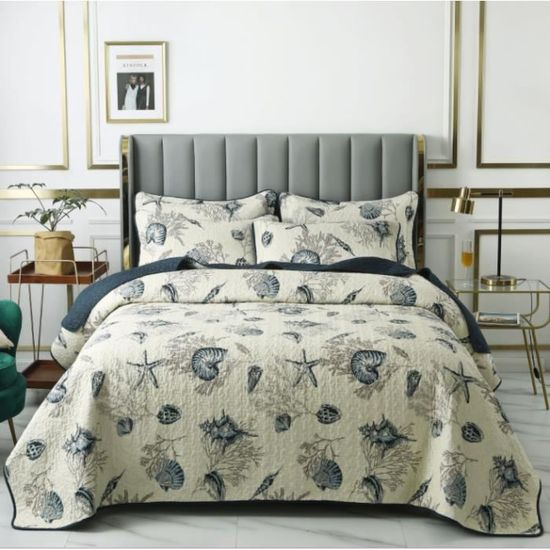 Couvre-lit Boutis De Luxe Fanny & Céline - Percale 100% Coton 230x250cm Avec 2 Taies 65x65cm | Gris Élégant