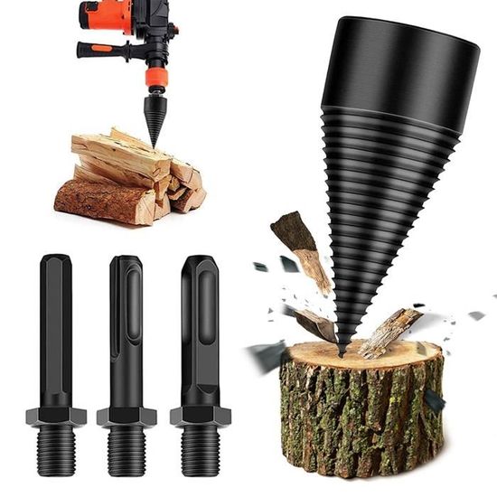 Foret à Fendre Le Bois 50mm Avec 3 Poignées - Pour Perceuse, Fendeuse à Bûches Manuelle, Acier Au Carbone, Tête Conique, Rainures Antidérapantes
