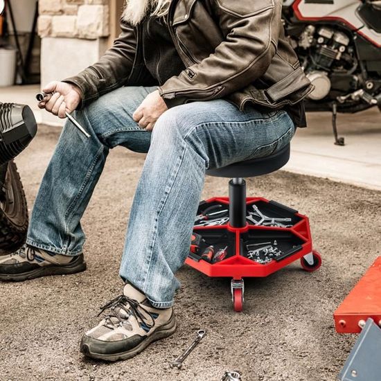 Tabouret d'Atelier Mobile Charge 113,4 kg Tabouret de Mécanicien à Roulettes Lisses Siège d'Atelier Hauteur Réglable avec Plateau à Outils Cadre Robuste Assis Rembourré Confortable Garage Auto | FR