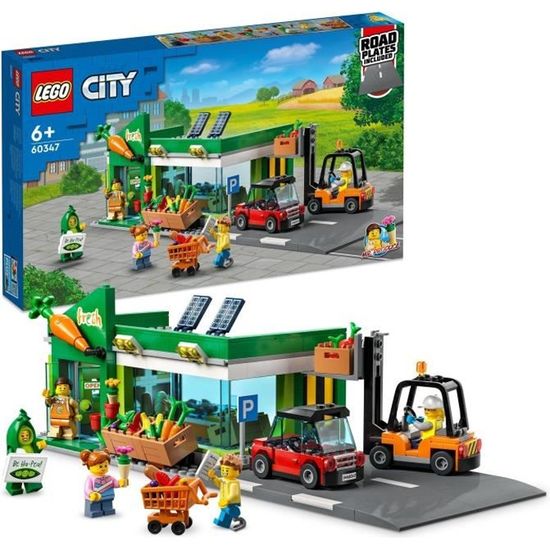 LEGO® City 60347 L’Épicerie, Boutique, Chariot Élévateur et Plaques de Route pour Enfants