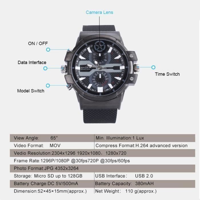 Montre caméra espion 2K 32 Go Super Full HD 2304 x 1296p