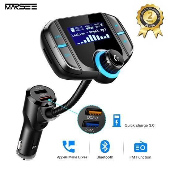 Transmetteur FM Bluetooth 4.2, Kit Main Libre sans Fil, Adaptateur Autoradio Chargeur USB Voiture,3.5mm Port Audio, Carte SD MP3