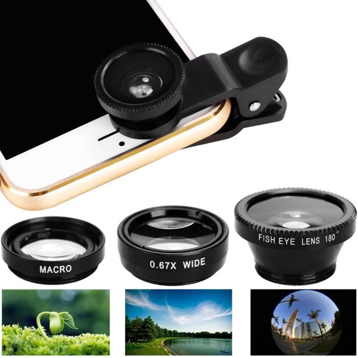 EBUY® objectif fisheye + Macro + grande Angle Lentilles kit Universal Noir