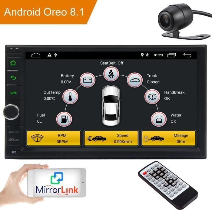 Android 8.1 Car Stereo double support Din Navigation GPS Android Auto Radio WiFi, Fastboot, Caméra de recul, AM, FM, RDS, SD USB, Mi