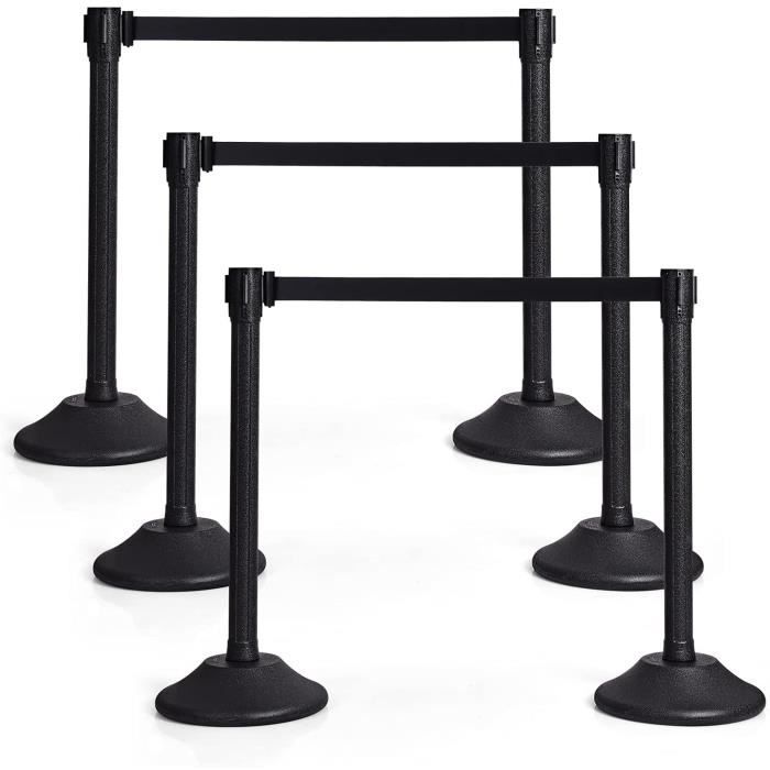 GOPLUS Lot de 6 Poteau de File d'Attente avec Cordon Noir,Poteaux de Guidage avec Ceinture Rétractable de 2M