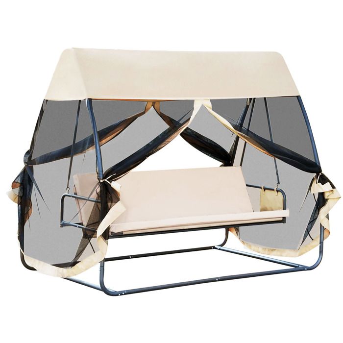 Balancelle de jardin convertible 3 places grand confort : matelas assise dossier, moustiquaire intégrale zippée avec toit, pochette