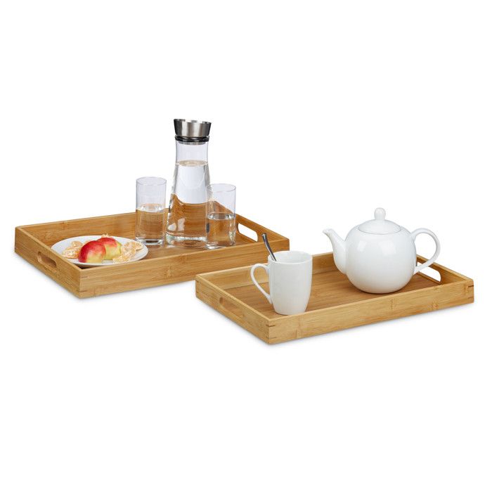 Relaxdays Plateau de service bambou lot de 2 bois plateau petit déjeuner plateau repas 45 x 42 cm poignées bords surélevés, nature