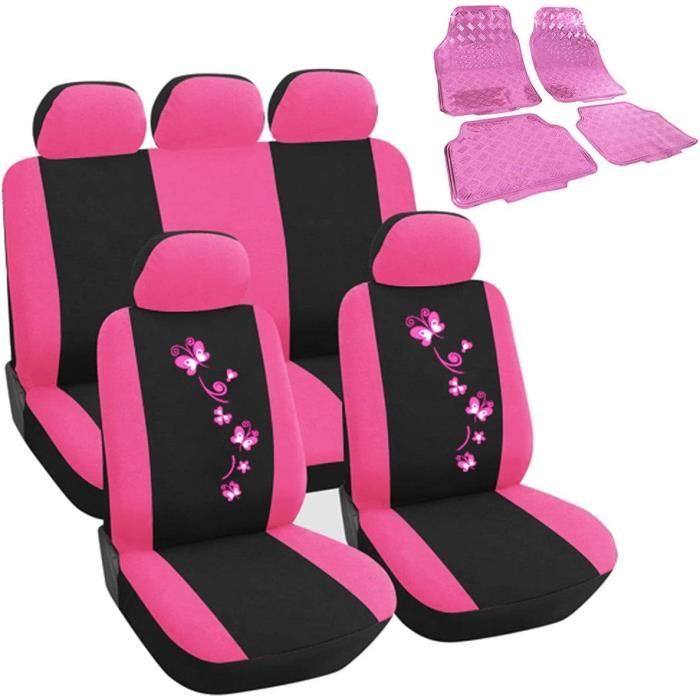 WOLTU Housse de siège Voiture Universelle avec Motif Papillon + Tapis de Sol Voiture Set Noir Rose 7252+7160