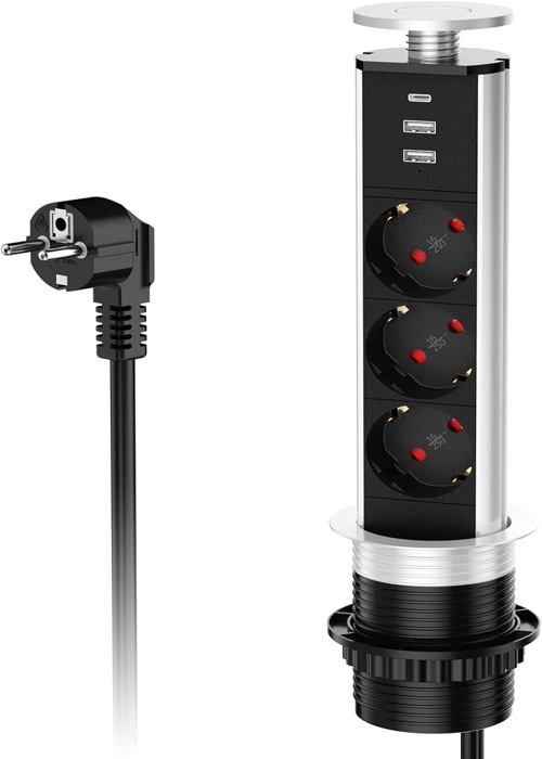 Prise Encastrable Avec USB, Prise De Table Cachée Avec Couvercle, équipée De 1 Port Schuko, 1 Port USB-C, 1 Port USB-A Et Câble D'alimentation De 1,5