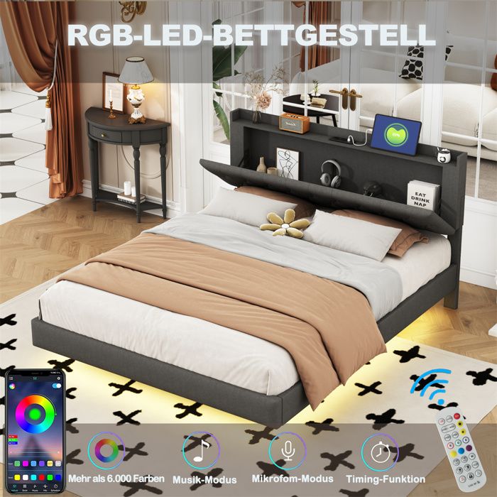 Lit 160x200 avec Sommier LED et Prise USB - Lit Double pour Adulte et Ado - Tête de Lit Capitonné - Espace de Rangement - Gris