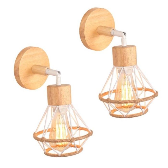 WOTTES Applique Murale en Bois E27 Lampe Murale Vintage Industrielle Cage en Métal et Corde de Chanvre Blanc 2pcs