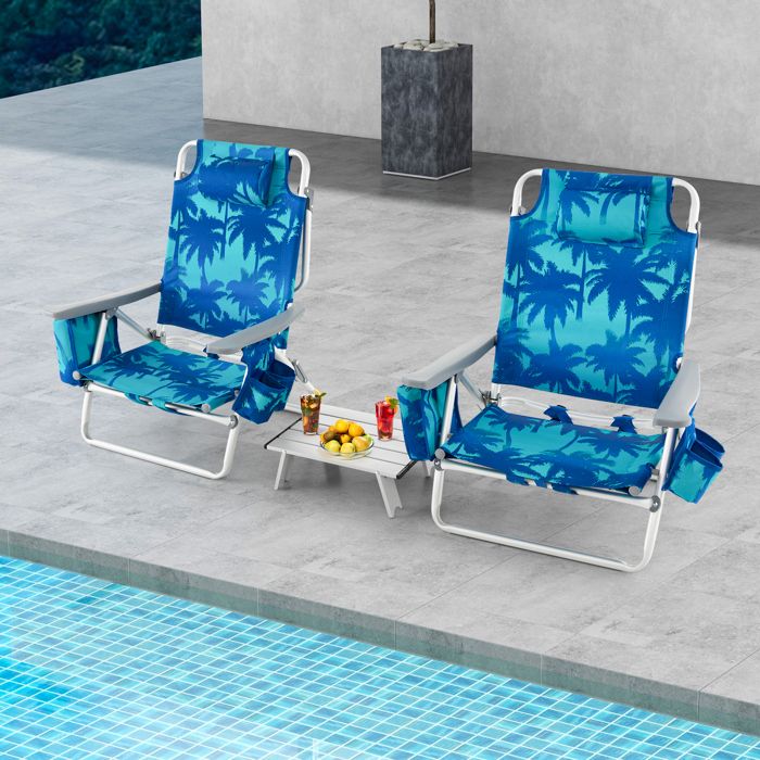 COSTWAY Ensemble 3pcs de 2 Chaises de Camping Pliante et Table Enroulable Appui-tête Dossier Réglable 5 Positions Motif Cocotier