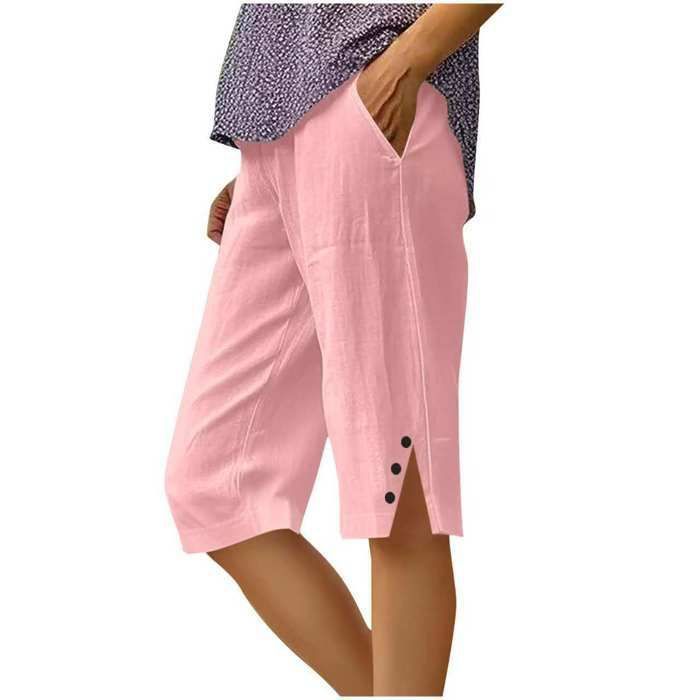 Pantalon Taille Haute Pantacourt Femme 3/4 Coton Lin - Taille Haute Élastique, Cordon Serrage, Poches, Style Ample Pantalon Taille Haute été