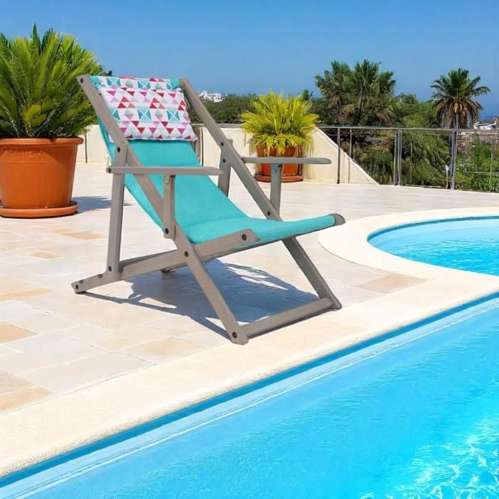 Chaise longue de plage pliante en bois de hêtre avec toile turquoise en polypropylène MICOS
