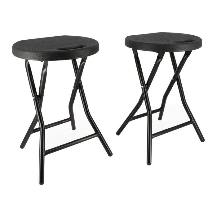Tabourets pliants x2 - Ht 46cm - Tabouret pliable de Jardin Terrasse Balcon - Noir - Siège résine Structure Acier - Poignée