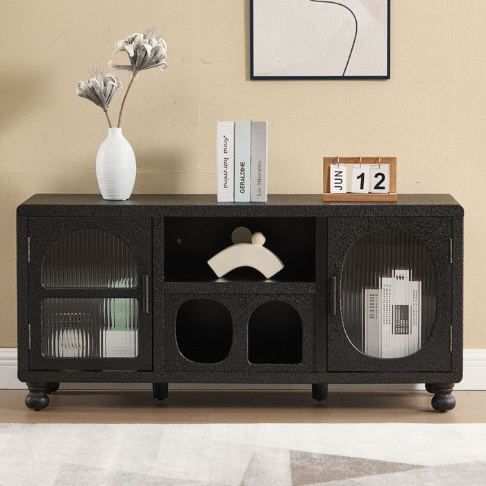 chairus Meuble de Rangement avec 4 Compartiments Buffet avec 2 Portes en Verre Commode Noire avec Pied en Bois pour Salon Noir