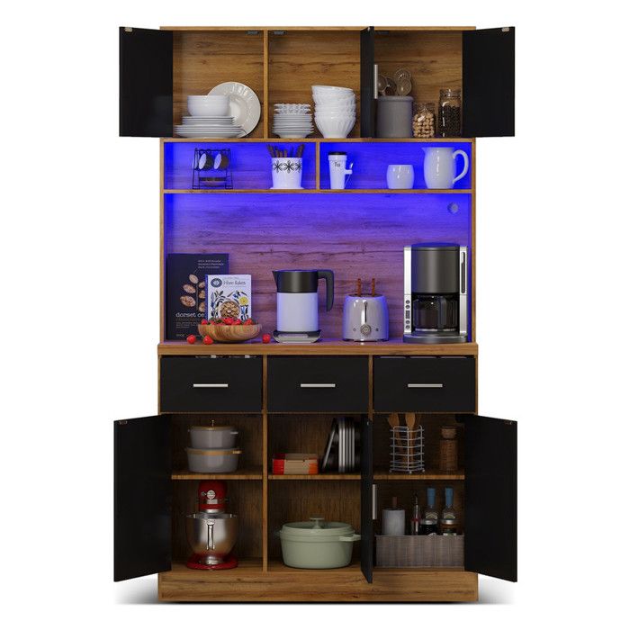 100x40x180cm buffet multifonctionnel avec éclairage LED tiroirs étagères réglables prises pour cuisine noir