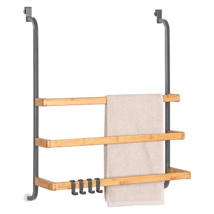 eluno Porte-serviettes pour la paroi de douche en verre avec 3 barres porte-serviettes en métal et bambou Gris