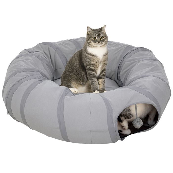 Meilleurs prix pour Tunnel pour chat intérieur - PawHut - avec lit et coussin - pliable - trous pour balles et judas - tissu suède doux - gris