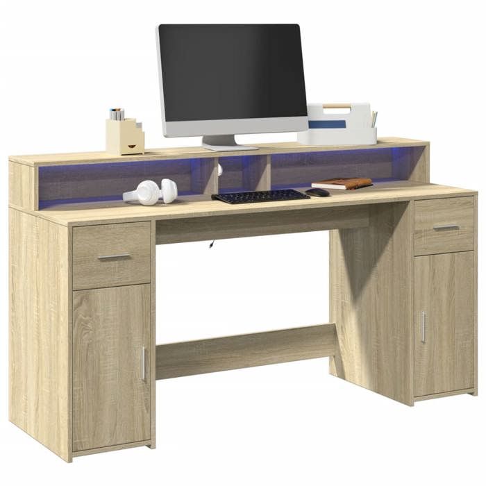 Bureau avec LED style moderne gaming - Chêne sonoma - Bois dingénierie - 160 x 55 x 91 cm - pour setup gaming et télétravail