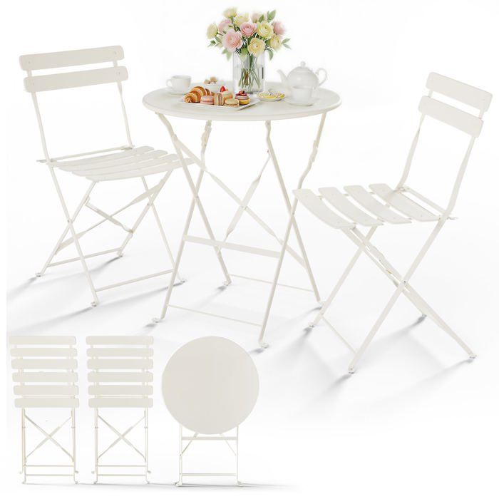 VOUNOT® Ensemble de Bistro pliant en métal 3 pièces avec 1 table et 2 chaises crème VOUNOT® Ensemble de Bistro pliant en métal 3 pièces avec 1 table et 2 chaises crème
