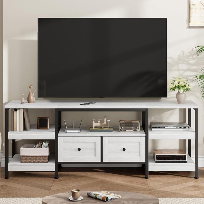 Meuble TV Garvee Industriel Moderne 16m 2 Tiroirs Étagères Rangement Cadre Métal Blanc Antique Salon