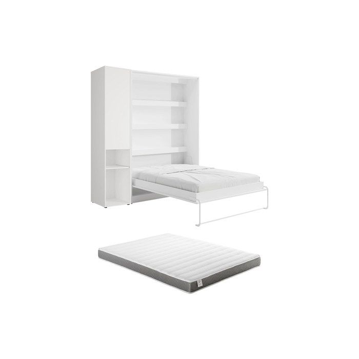 Lit escamotable vertical 160 x 200 cm - 1 colonne de rangement - Avec LEDs - Blanc + Matelas - RAPILI