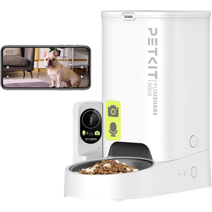 Distributeur Croquettes Chat Automatique WiFi 2.4G avec Caméra Vision Nocturne Bol Inox App Jusqu’à 5 Repas/Jour