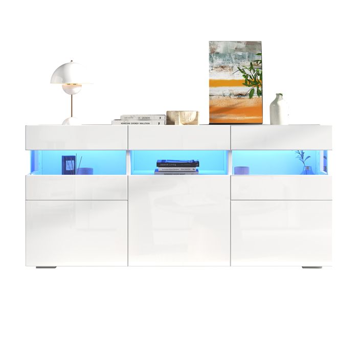 Buffet - Meuble de Salon avec 3 Portes LED et 7 Compartiments de Rangement MDF + Acrylique Blanc 140x40.5x66.5 cm