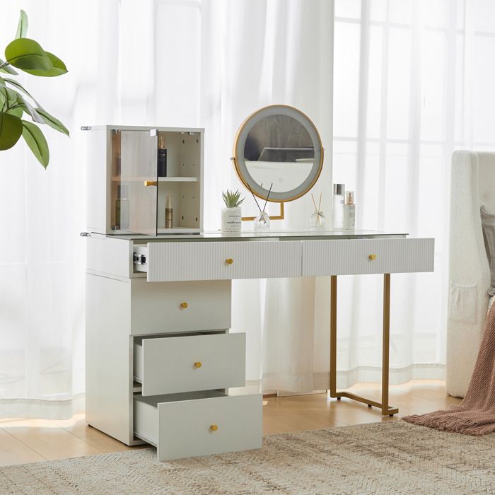 Coiffeuse avec Miroir LED - Table de Maquillage avec Plateau en Verre Sécurisé Blanc et Doré 120×45×115 cm