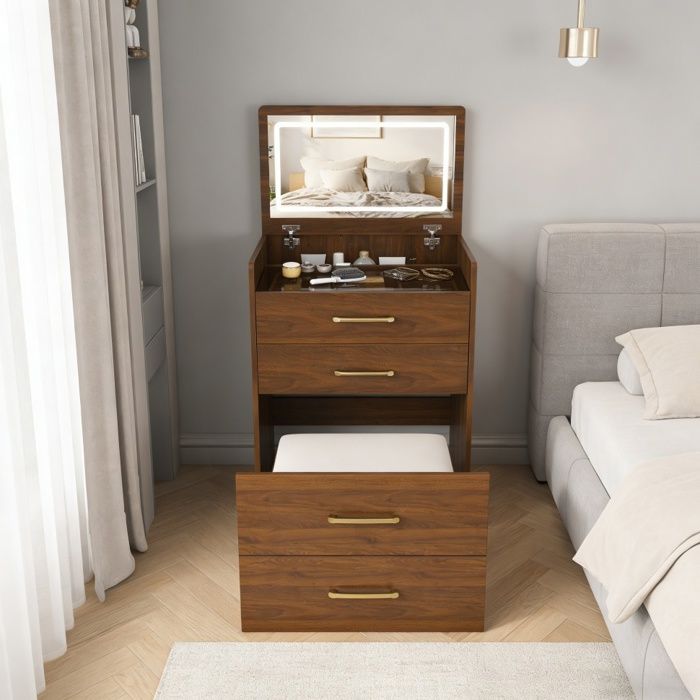 Coiffeuse 3 en 1 avec miroir LED - plateau en verre transparent 3 tiroirs - 60x118x40cm - MDF - Noyer