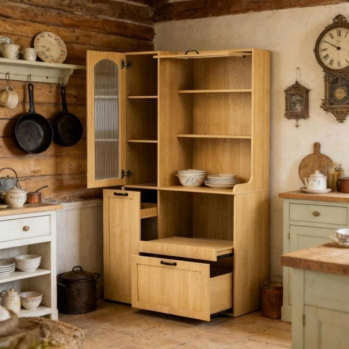 HOMVRA Buffet de cuisine 98x40x177 cm avec rangements flexibles étagères réglables et coulissantes couleur naturelle