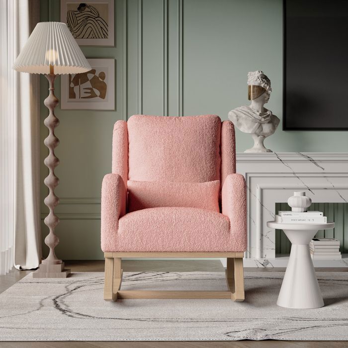 Fauteuil &agrave; bascule Teddy bouclette rose dossier haut chaise d&rsquo;allaitement
