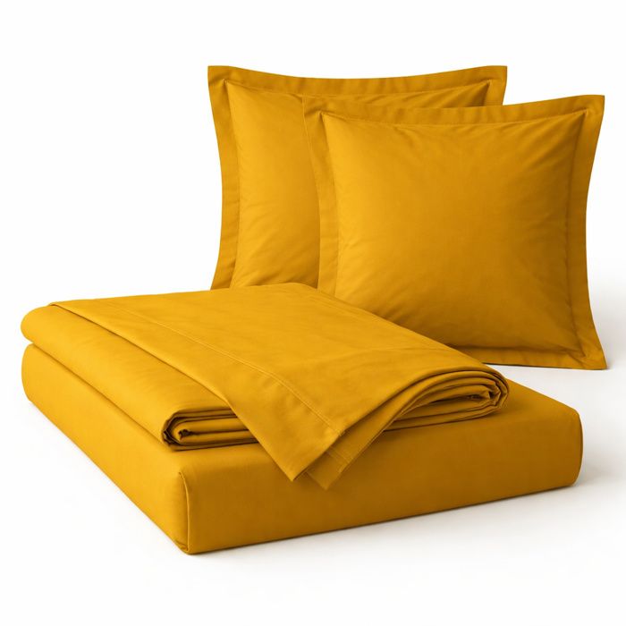 Parure de drap 4 Pièces en coton 57 fils 140 x 190 cm Curry – Drap-Housse Drap Plat et 2 Taies d’Oreiller