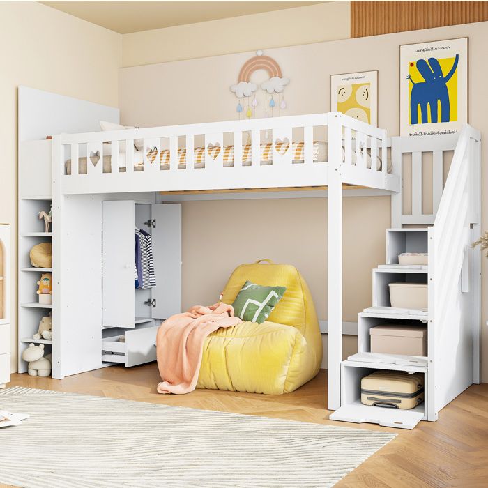 Lit mezzanine enfant 90×200 cm escalier de rangement étagères et armoire rabattable - BEAUNIV - sans matelas pin MDF - blanc