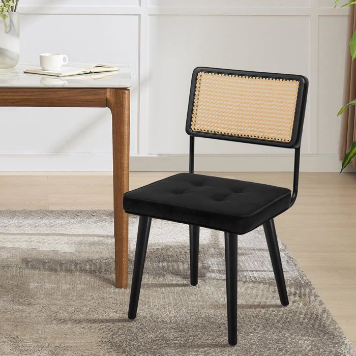 1pc CHAISE-Chaises de salle à manger -Chaises de cuisine-en osier et bois massif style bohème modernerevêtement veloursnoir