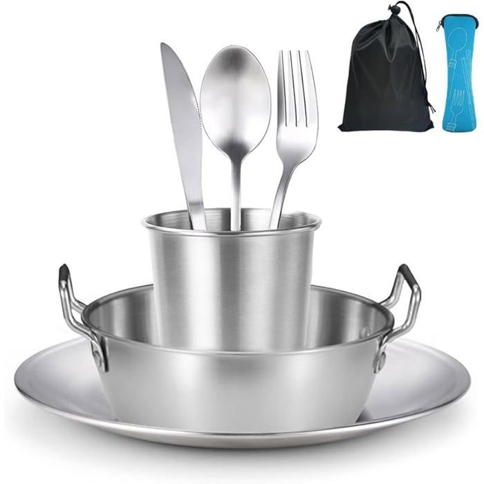 Vaisselle Camping 1 Personne Assiette Camping Acier Inoxydable Couverts de Camping avec Sac de Rangement Bivouac Camping POPOTE