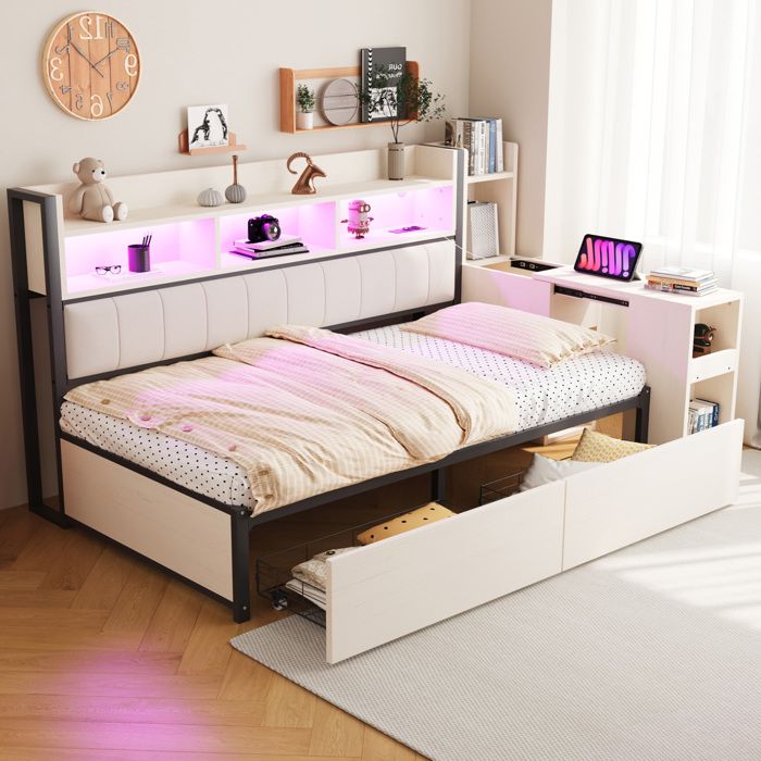 Lit combiné simple 90×200 cm avec bureau coulissant prises intégrées LED et 2 tiroirs sans matelas blanc - UVRION
