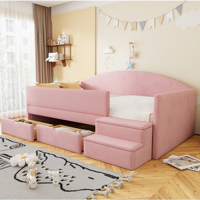 Lit combiné enfant 90×190 cm avec 2 tiroirs marches antidérapantes et barrières sans matelas rose - UVRION