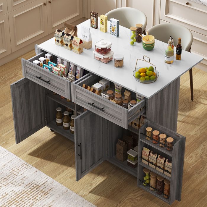 Buffet de cuisine blanc marbre 129x46(71)x91.5(95)cm rangement pratique et roues pour mobilité