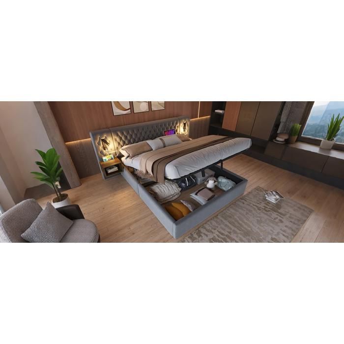 Ensemble lit 180x200cm 2 tables nuit lecture USB hydraulique velours gris