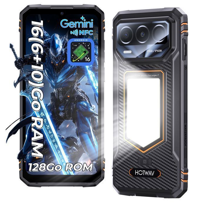 HOTWAV T8 Smartphone Robuste 4G Android 16 Lampe Camping 675 HD+ 12(4+8)Go/64Go Batterie 6200mAh Caméra 20MP NFC/GPS - Orange