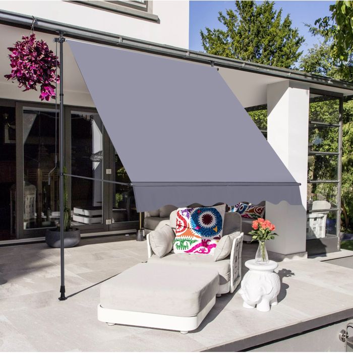 Store banne à pince manuel pour balcon 300 x 120 cm hauteur réglable 220-310 cm sans perçage gris foncé