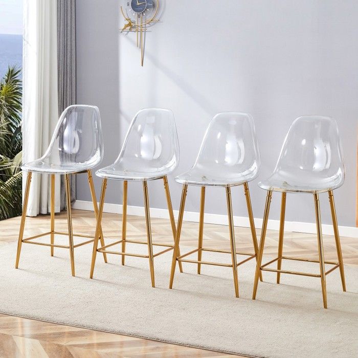 Lot de 4 tabourets bar transparents 43x50.8x101.6cm métal doré chaise moderne cuisine salle à manger sans table