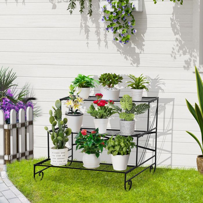 Étagère porte-plantes en fer forgé 3 niveaux pour extérieur noir