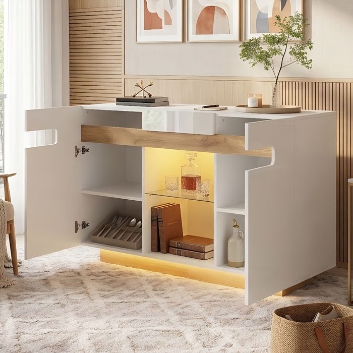 Sideboard LED 120x40x80cm - Façade Haute Brillance - Étagères en Verre Ajustables - Style Élégant - Blanc et Bois Naturel