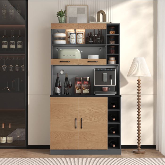MEULVA Buffet de cuisine 100 x 47 x 187 cm avec LED niche micro-ondes portes vitrées gris et décor bois