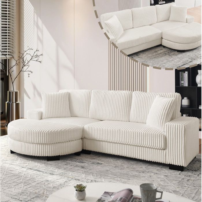 WOVREO canapé d’angle modulable 4 places 256 5 x 133 5 x 89 cm velours côtelé beige avec pouf ovale réversible